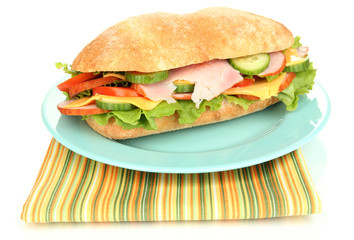 Fresh and tasty sandwich with ham and vegetables isolated