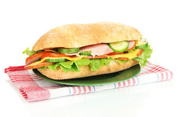 Fresh and tasty sandwich with ham and vegetables isolated