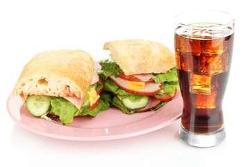 Tasty ham sandwich and glass of cola with ice isolated on white