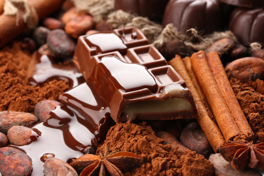 Composition of chocolate sweets, cocoa and spices