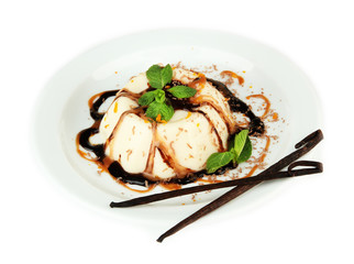 Panna Cotta with chocolate  and caramel sauce and vanilla