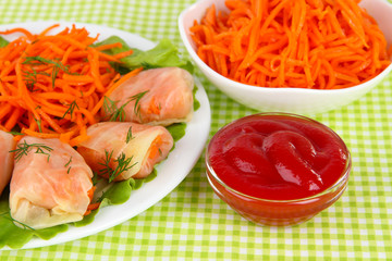Stuffed cabbage rolls on table close-up