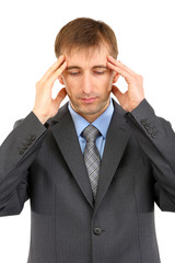 Young businessman worried suffering from headache isolated