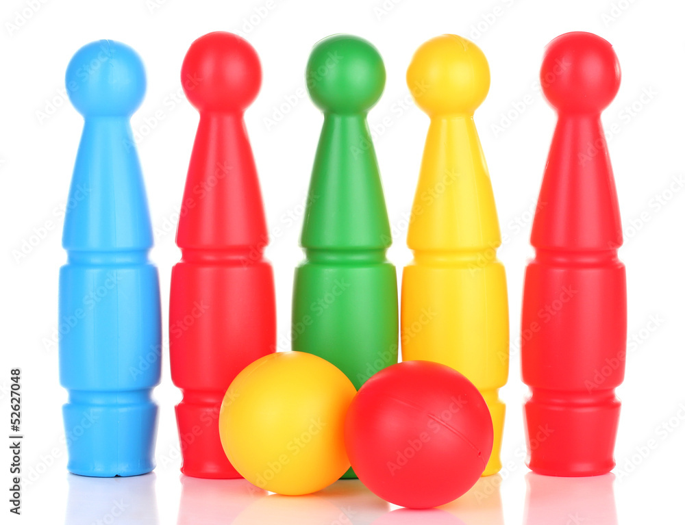 Poster Colorful plastic skittles of toy bowling isolated on white