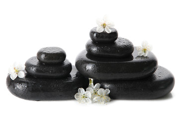 Spa stones and white flowers isolated on white