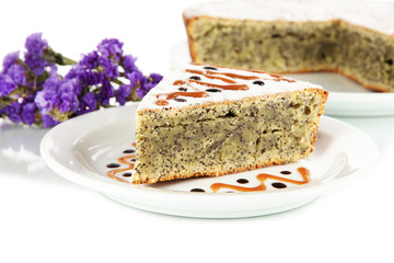 Delicious poppy seed cake isolated on white