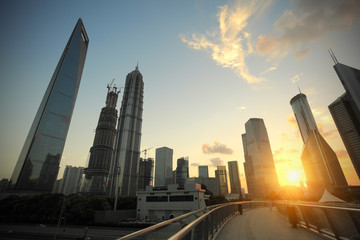 Shanghai,Aircraft is flying in the modern urban buildings
