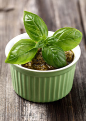 Pesto on a wooden background