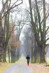 Fototapeta premium woman wearing rubber boots in autumnal alley