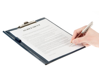 Signing a contract isolated on white background