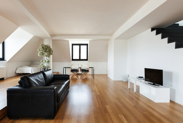 Interior, beautiful loft, hardwood floor, view living room