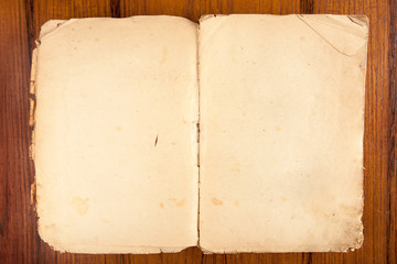 Opened old softcover book on a wooden background