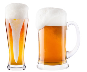 Frosty fresh beer collection with foam isolated