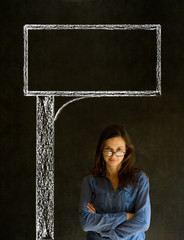 Businesswoman with chalk road advertising sign