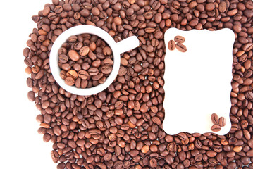 coffee beans, white cup  and the paper sheet for notes