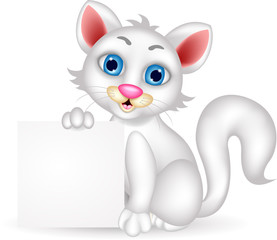 cute  fluffy white Cat cartoon with blank sign