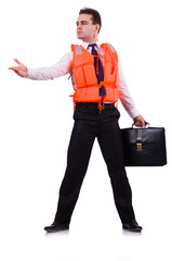 Businessman with rescue safety vest on white