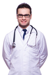 Fototapeta premium Young male doctor isolated on white