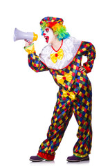Clown with loudspeaker on white