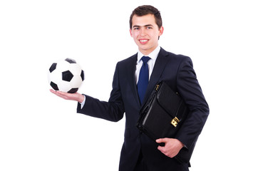 Man with football isolated on white