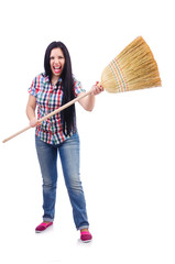 Young woman with broom isolated on white