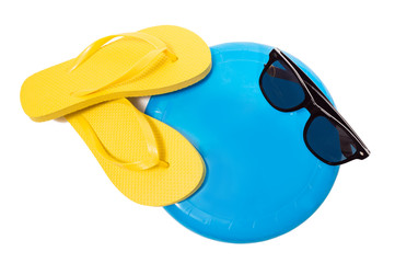 Flip Flops Sunglasses And Frisbee On White