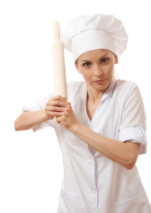 Baker / Chef woman holding baking rolling pin, isolated on white