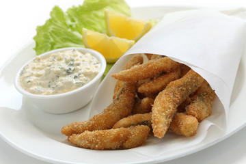 homemade fried fish fingers with tartar sauce