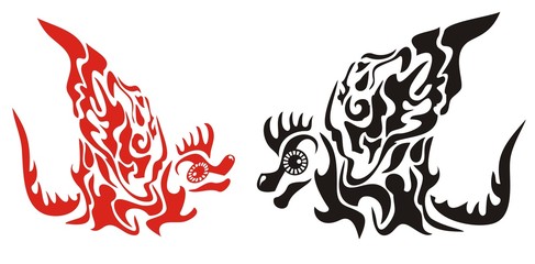 Red and black decorative dragons with a wing in tribal style