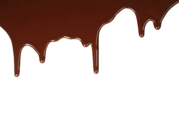 Melting chocolate dripping on white background .