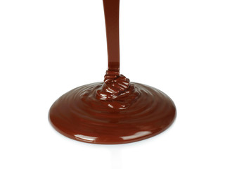 Melting chocolate dripping on white background .