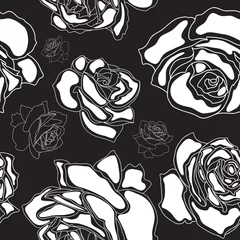 Abwaschbare Fototapete Blumen schwarz und weiß Nahtloses Muster, weiße Rosen auf schwarzem Hintergrund
