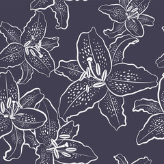 Seamless pattern, white lily on a black background