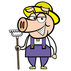 cartoon pig farmer with rake