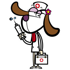 cartoon dog nurse with first aid kit and syringe