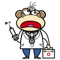 cartoon monkey doctor with first aid kit and syringe
