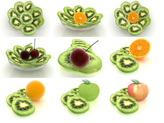 Set of slices of kiwi on a white
