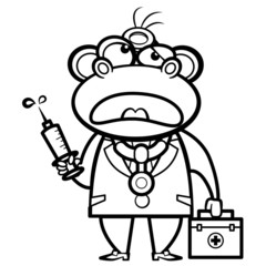 cartoon monkey doctor with first aid kit and syringe