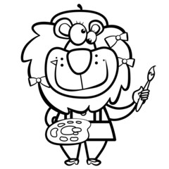 coloring cartoon lion artist with paintbrush and palette