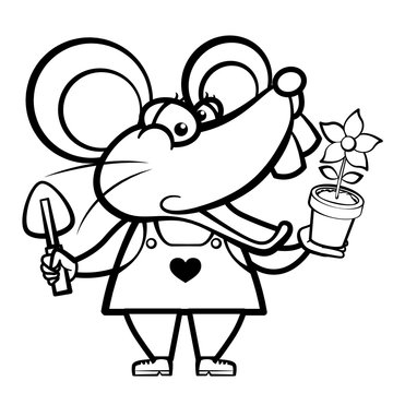 cartoon mouse landscaper with a plant