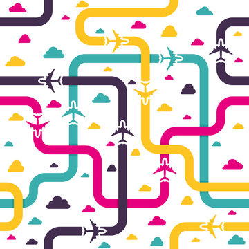 Seamless pattern with colorful airplanes. Vector illustration.