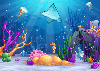 Fototapeta premium Illustration of the underwater world with fish ramp.