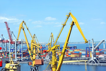 Fototapeta na wymiar Port cargo crane and container over blue sky background