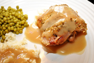 Chicken with Gravy Dinner and White Rice and Peas