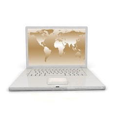 3D professional Laptop isolated on white with worldmap.