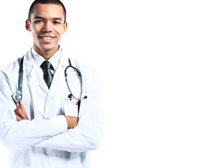 Fototapeta premium Portrait of friendly male african doctor smiling