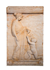 Marble grave stele shows a girl offering a bird to a boy (420BC)