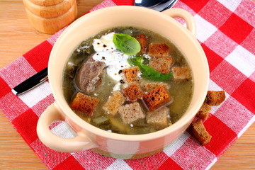 Green soup with egg, meat, cream and croutons
