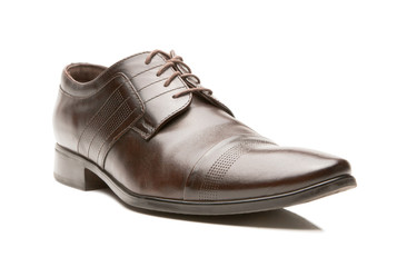 Men's brown leather shoes on a white background.