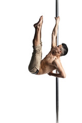 Young strong pole dance man isolated